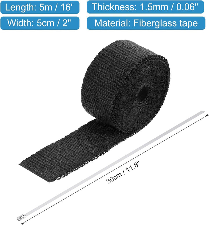 QUARKZMAN Hitzeschutzband 5 Meter x 5cm Auspuff Dichtband Auspuffband Fibreglass mit 4 Edelstahl Kab