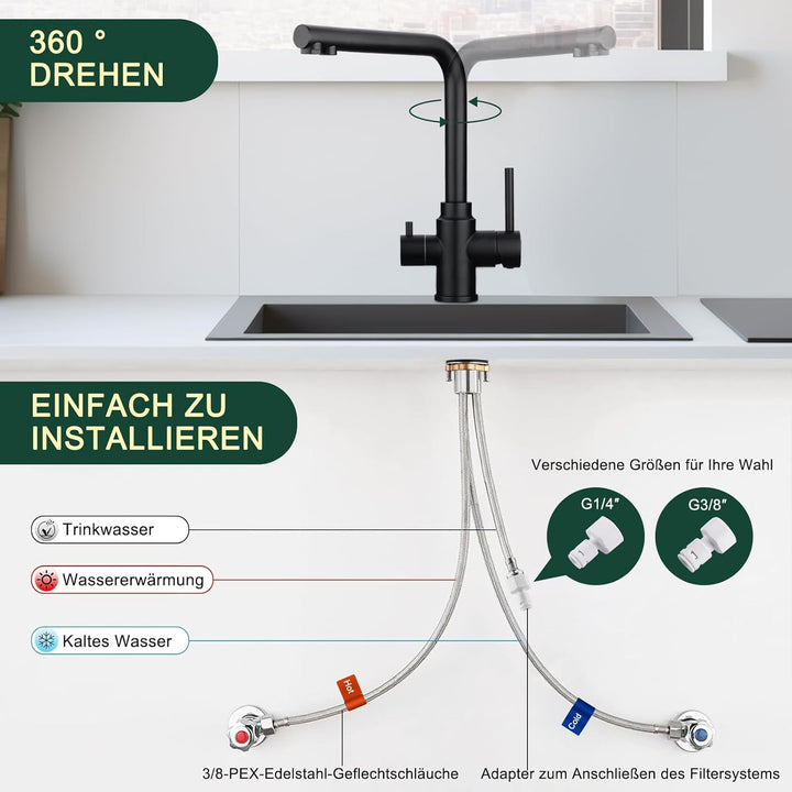 3 Wege Wasserhahn Küche Schwarz Matt, 360° Drehbar Küchenarmatur, 3 in 1 Mischbatterie Küche für Was