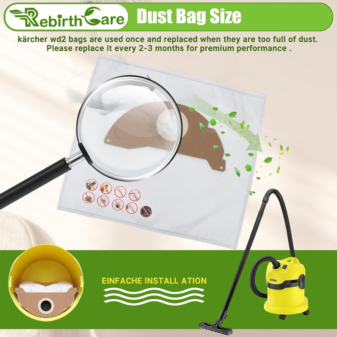 Rebirthcare 15 stück wd2 ersatzbeutel für kärcher 6.904-322.0 mv2 wd 2.200 bis wd 2.550 a2000 bis 20