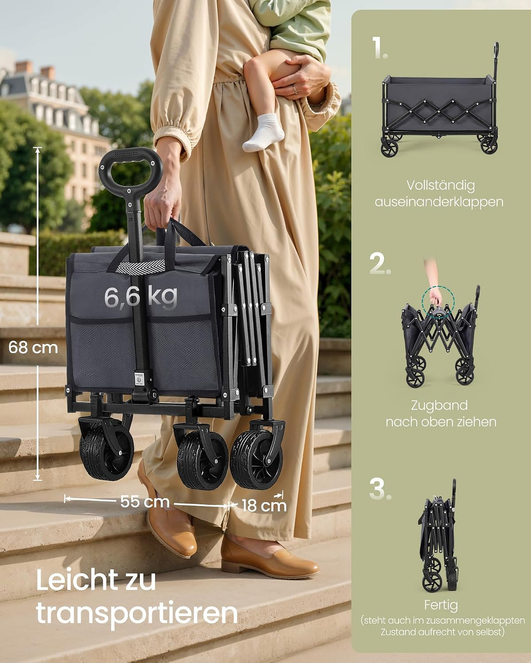 SONGMICS Kleiner Handwagen faltbar, Gartenwagen, kompakt, mit Griff | Mit 4 verstärkten Rollen, davo