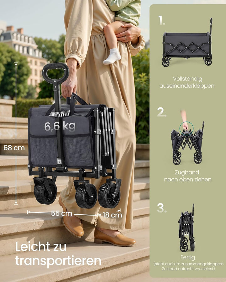SONGMICS Kleiner Handwagen faltbar, Gartenwagen, kompakt, mit Griff | Mit 4 verstärkten Rollen, davo