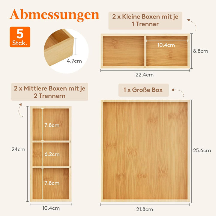 Lifewit 5er-Set Schubladen Organizer mit 6 Einsätzen, Verstellbare Aufbewahrungsbox mit 11 Fächern,
