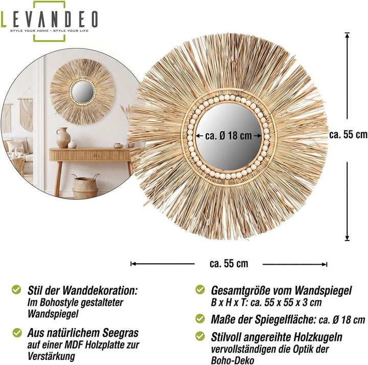 levandeo Spiegel Seegras Ø 55cm Wandspiegel Flurspiegel Wanddeko Boho Deko Bohostyle Bohochic Nature