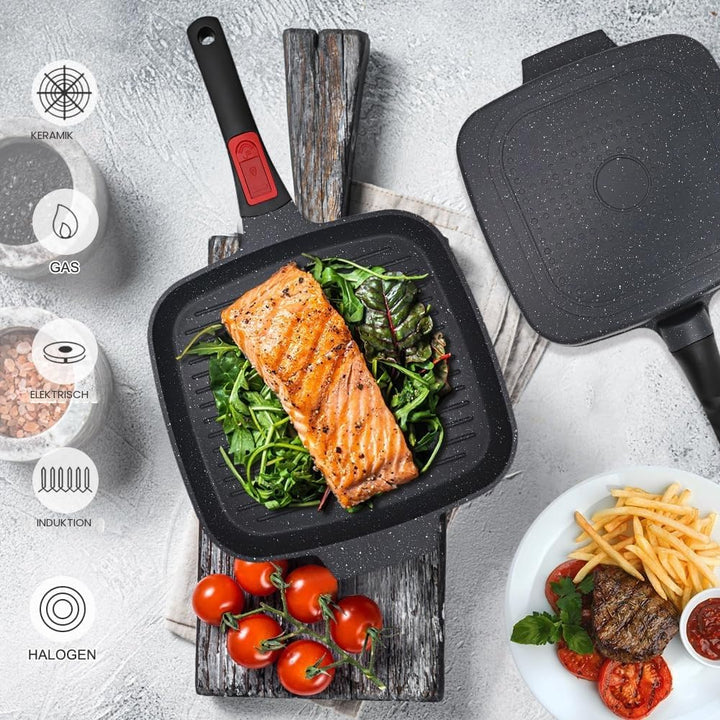 Grillpfanne Induktion mit Abnehmbarer Griff, 24 cm Steakpfanne Antihaft Beschichtet Aluminium Grill