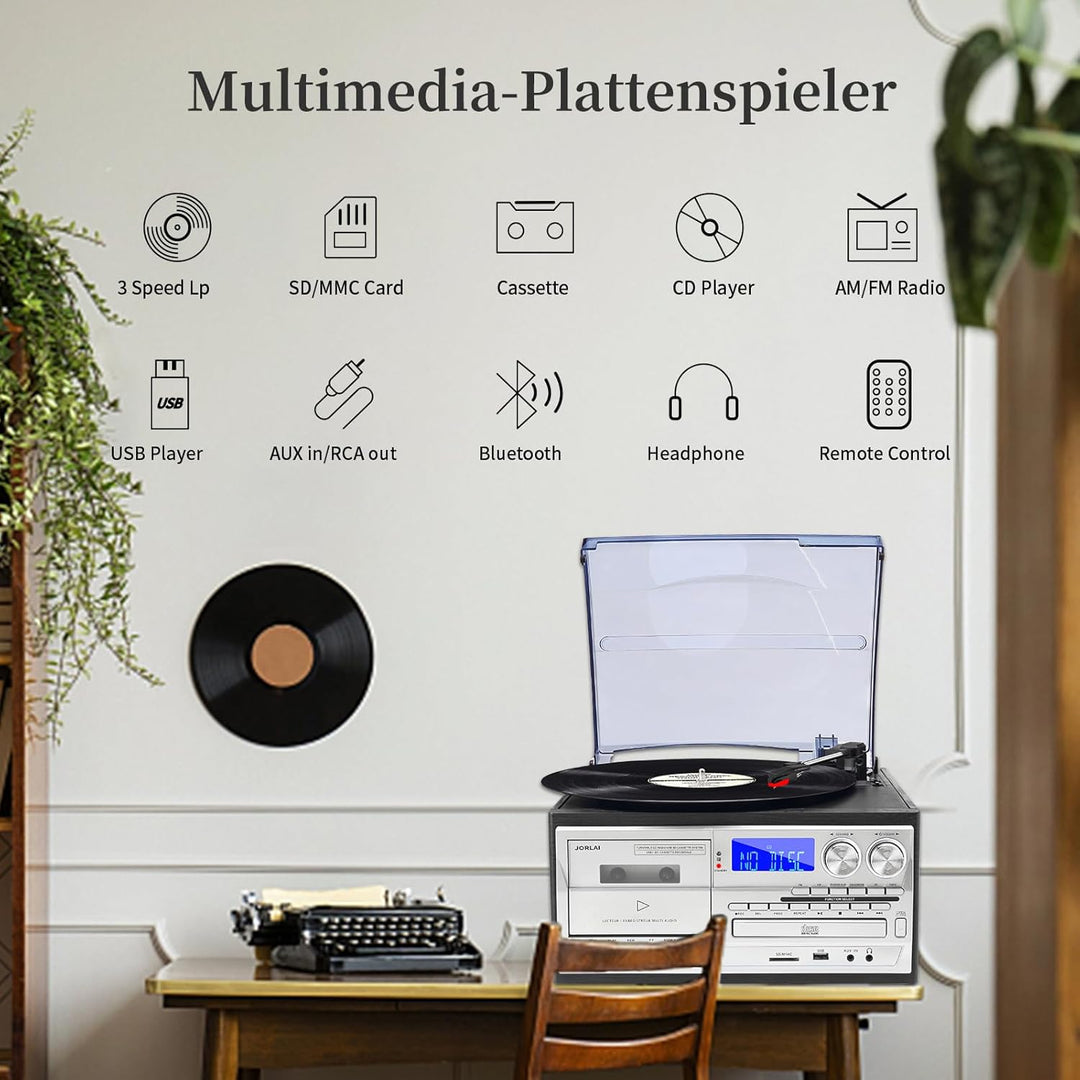 JORLAI Plattenspieler 3 Geschwindigkeiten Record Player mit Fernbedienung, Vinyl Bluetooth Phonograp