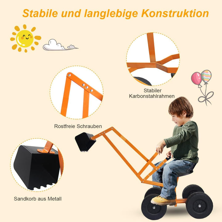 GOPLUS Kinder Sitzbagger, Sandbagger Aufsitzbagger mit 360°drehbarem Sitz & grosser Schaufel & Gummi