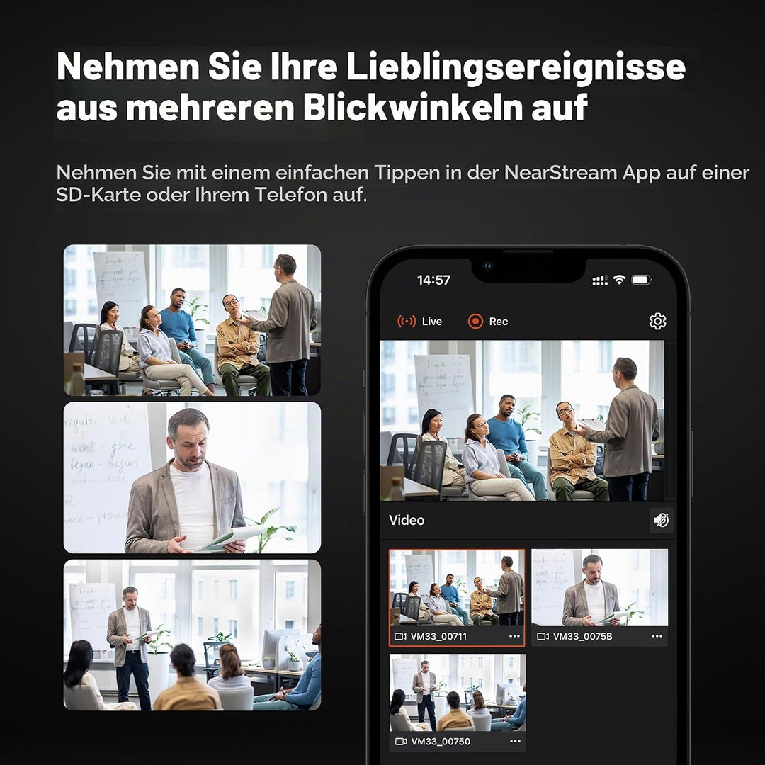 NearStream Wireless Streaming Kamera VM33, 2K StreamCam mit 40X Hybrid Zoom, 8-Mikrofone zur Rauschu