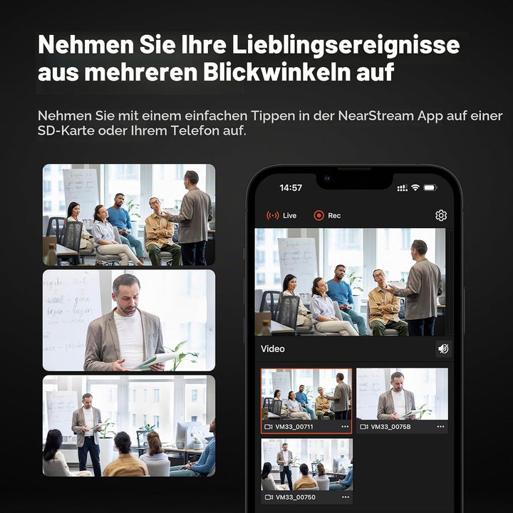 NearStream Wireless Streaming Kamera VM33, 2K StreamCam mit 40X Hybrid Zoom, 8-Mikrofone zur Rauschu