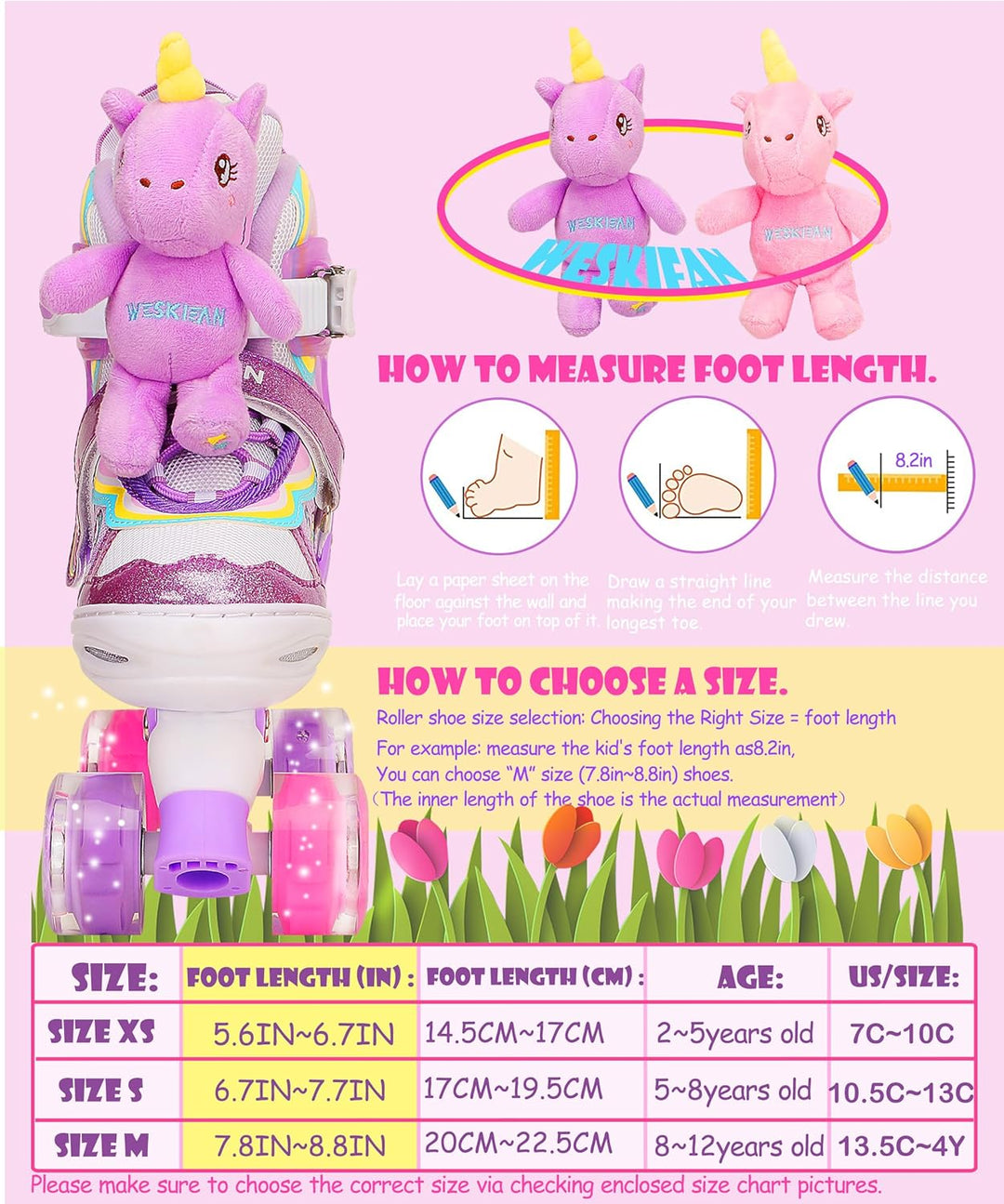Kinder Einhorn-Puppe Rollschuhe für Mädchen 4 Grössen Verstellbar Mit Leuchtenden Rädern Quad Roller