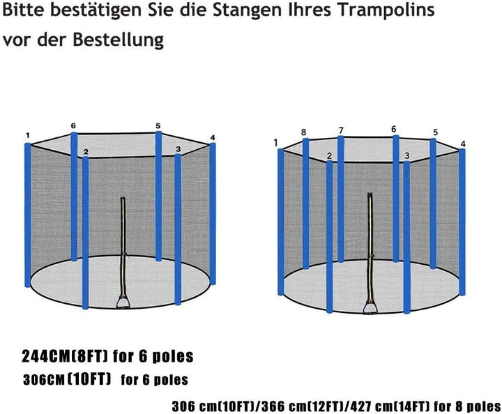 Trampolin Ersatzteile für Gartentrampolin, Trampolin Netz Ø 244 306 366 427 cm füR 6/8 Stangen, Tram