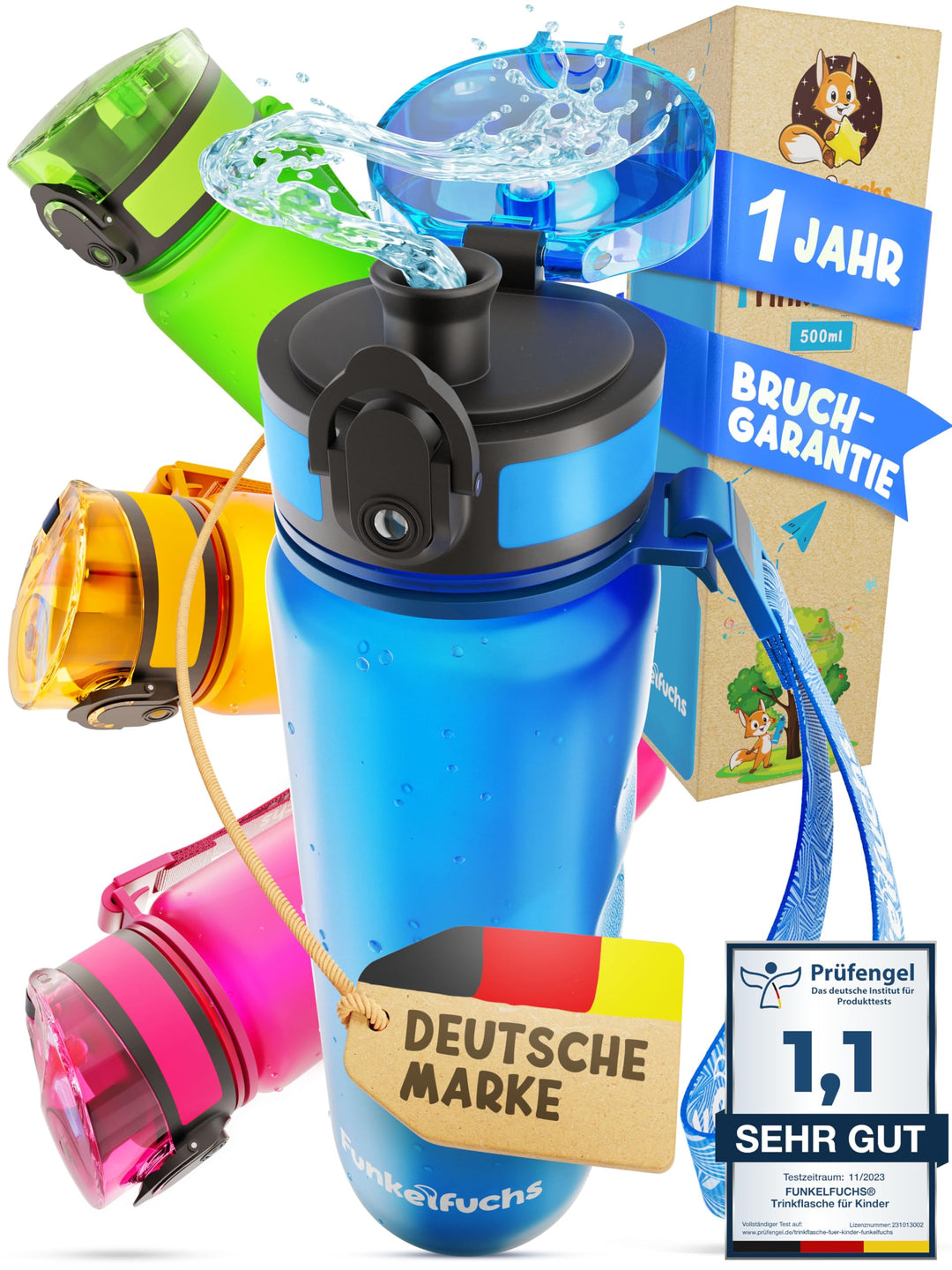 Funkelfuchs® - Trinkflasche für Kinder – 500ml, Blau – Kohlensäure geeignet - 100% auslaufsicher - W