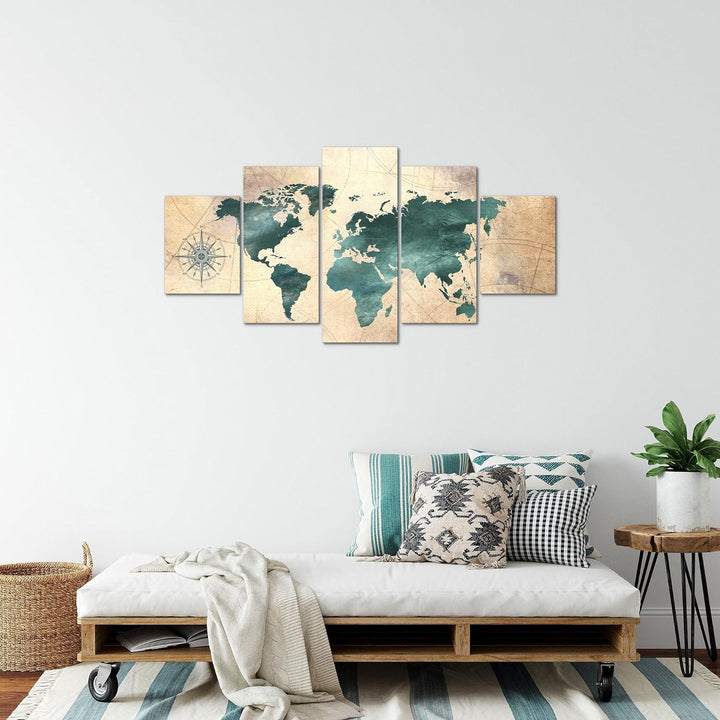 Runa Art Bild Büro Wohnzimmer Weltkarte 5 Teilig Antik Grün braun Wandbilder auf Vlies Leinwand 0260