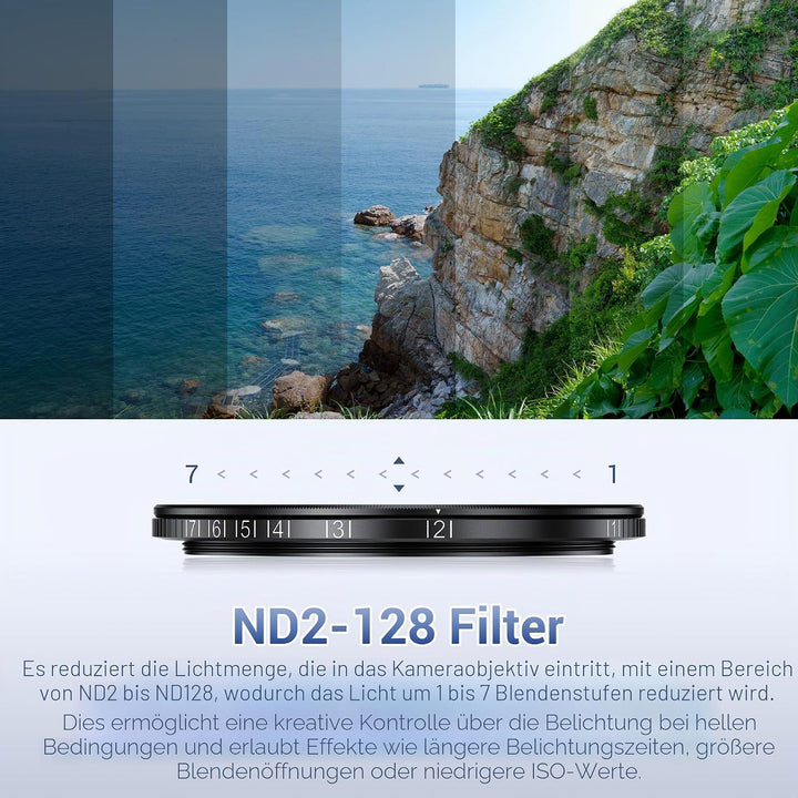JJC 67 mm Handy-Filterhalterungsadapter mit variablem ND2-128 (7 Blendenstufen) Neutraldichte-ND-Fil