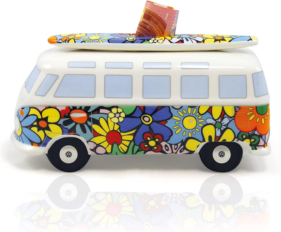 BRISA VW Collection - Volkswagen Spar-Büchse-Schwein-Dose mit Surfbrett im T1 Bulli Bus Samba Design