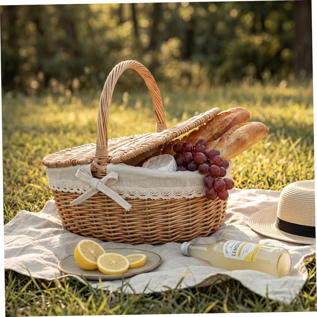 Picknickkorb aus Weide im Vintage Stil, gewebte Picknickkörbe mit Deckel und Griffen für Picknicks,