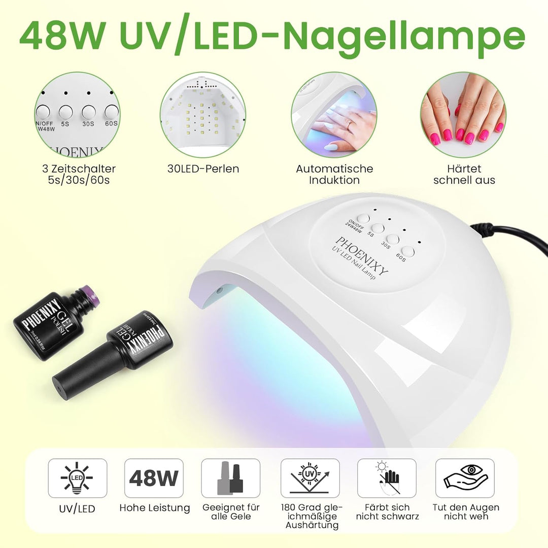 U V Nagellack Set, Phoenixy Nagelset Gelnägel Starterset mit 48W U V/LED Nagellampe 54 Farben Gelnäg