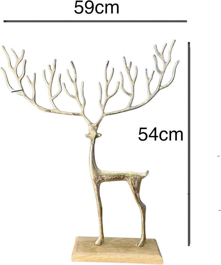 MF Goldenes Rentier mit Grafischem Geweih auf Holzbase - Exquisites Kunsthandwerk Hirsch Weihnachtsd