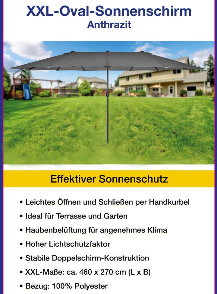 QMBasic Doppelsonnenschirm 4,6 x 2,7 m Oval Anthrazit Gartenschirm Kurbel Sonnenschirm Marktschirm T