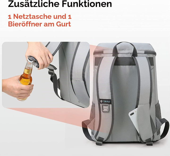 TOURIT 28L Kühler Rucksack Leichter Rucksack mit Flaschenöffner Hält 30 Dosen Grau, Grau