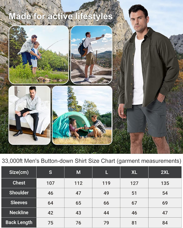 33,000ft Safari Hemd Herren Langarm Sportshemd UPF50+ UV Schutz Funktionshemd Atmungsaktiv Button-Do