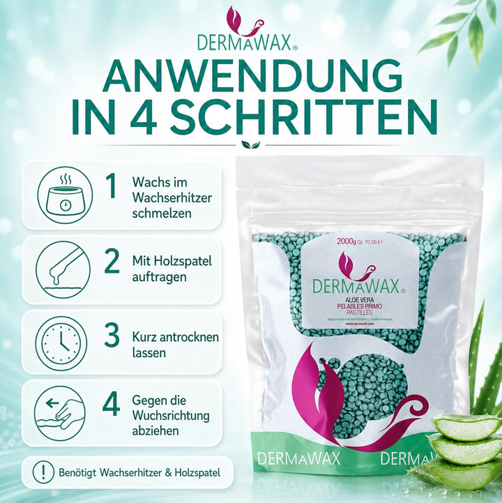 Dermawax 2 kg Aloe Vera Wachs Heisswachs Waxing Perlen Wachsperlen Wax Anwendung ohne Wachsstreifen