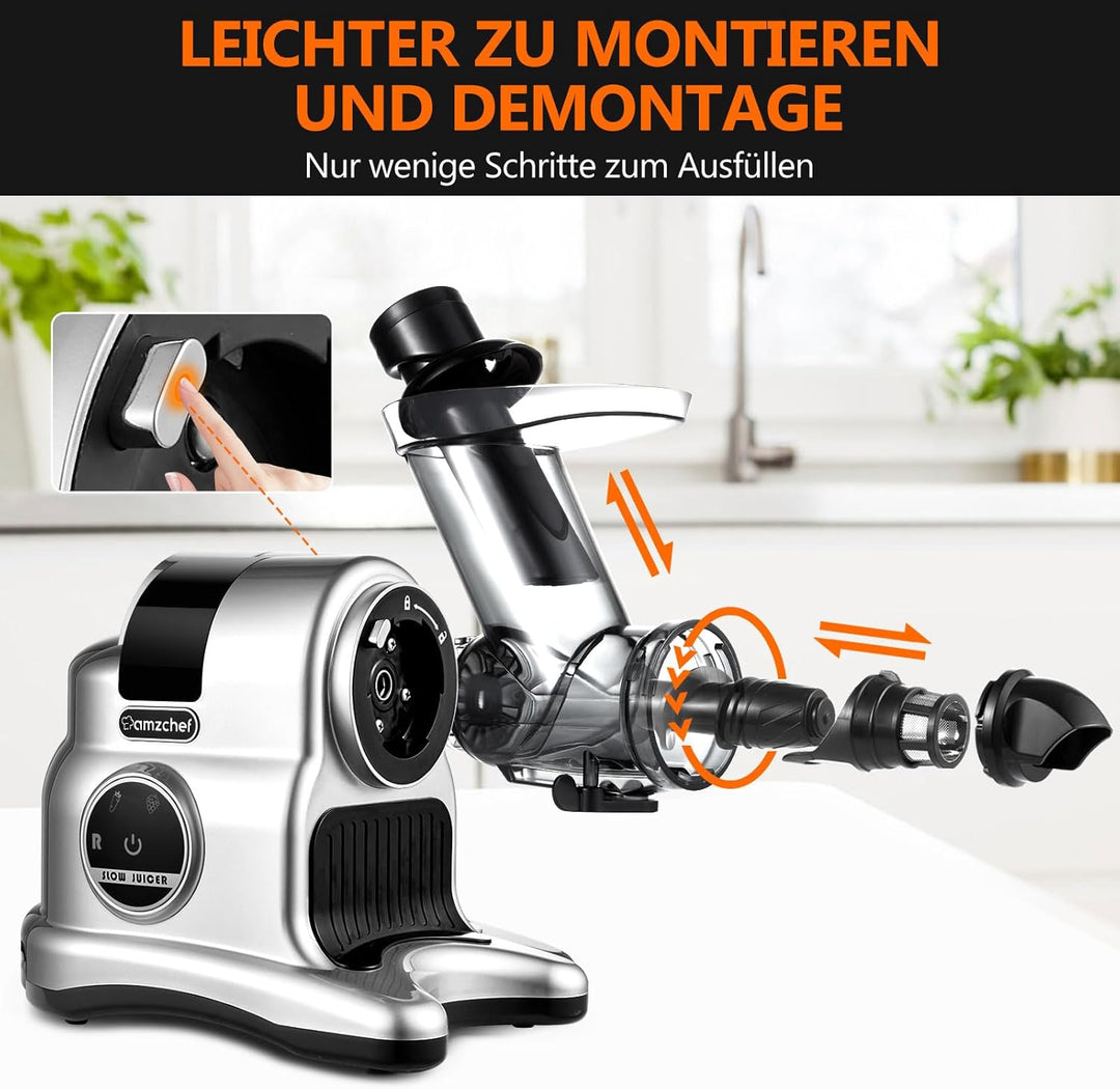 AMZCHEF Entsafter mit 80MM Grosser Einfüllschacht - 150W Entsafter Slow Juicer mit 2 Geschwindigkeit
