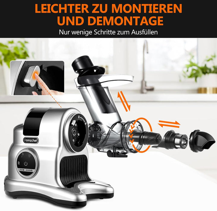 AMZCHEF Entsafter mit 80MM Grosser Einfüllschacht - 150W Entsafter Slow Juicer mit 2 Geschwindigkeit