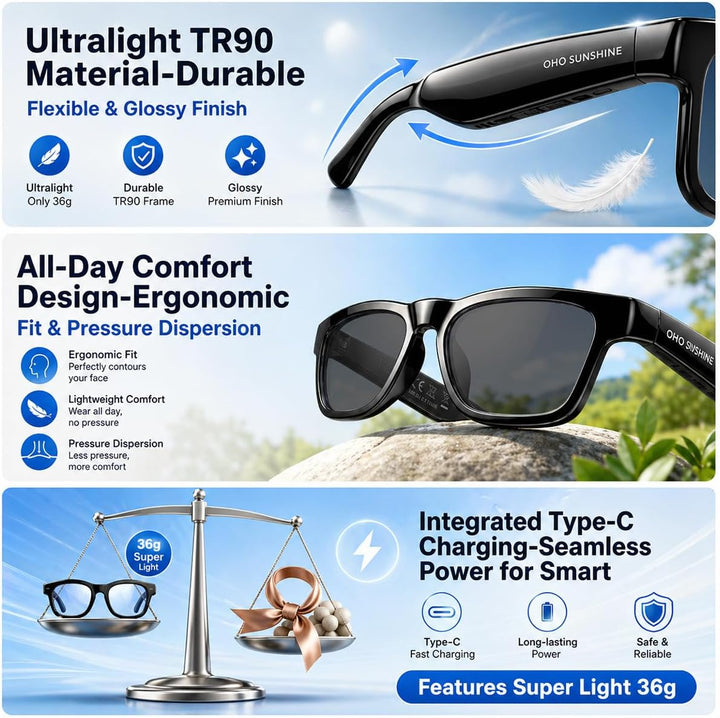 OhO sunshine Bluetooth Audio Sunglasses, Lightweight Open Ear Sport Glasses, 10H Playtime, UV400 ANS