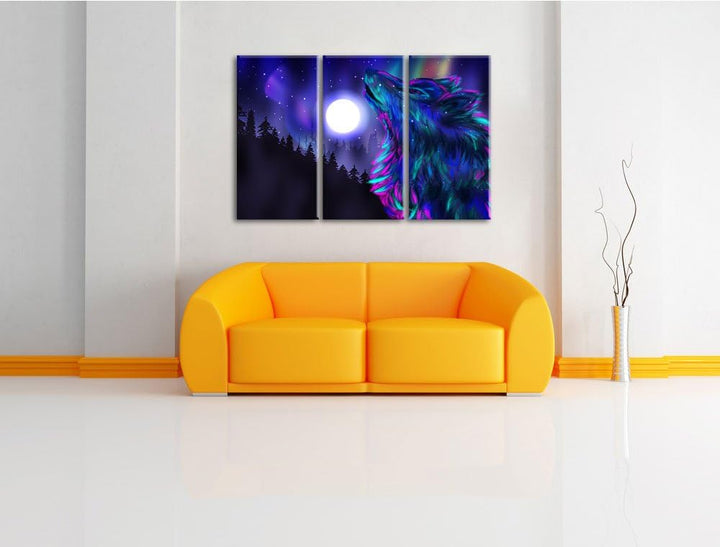 Abstrakter Wolf mit Mond als 3-Teiler Leinwandbild 120x80 Bild auf Leinwand, XXL riesige Bilder fert