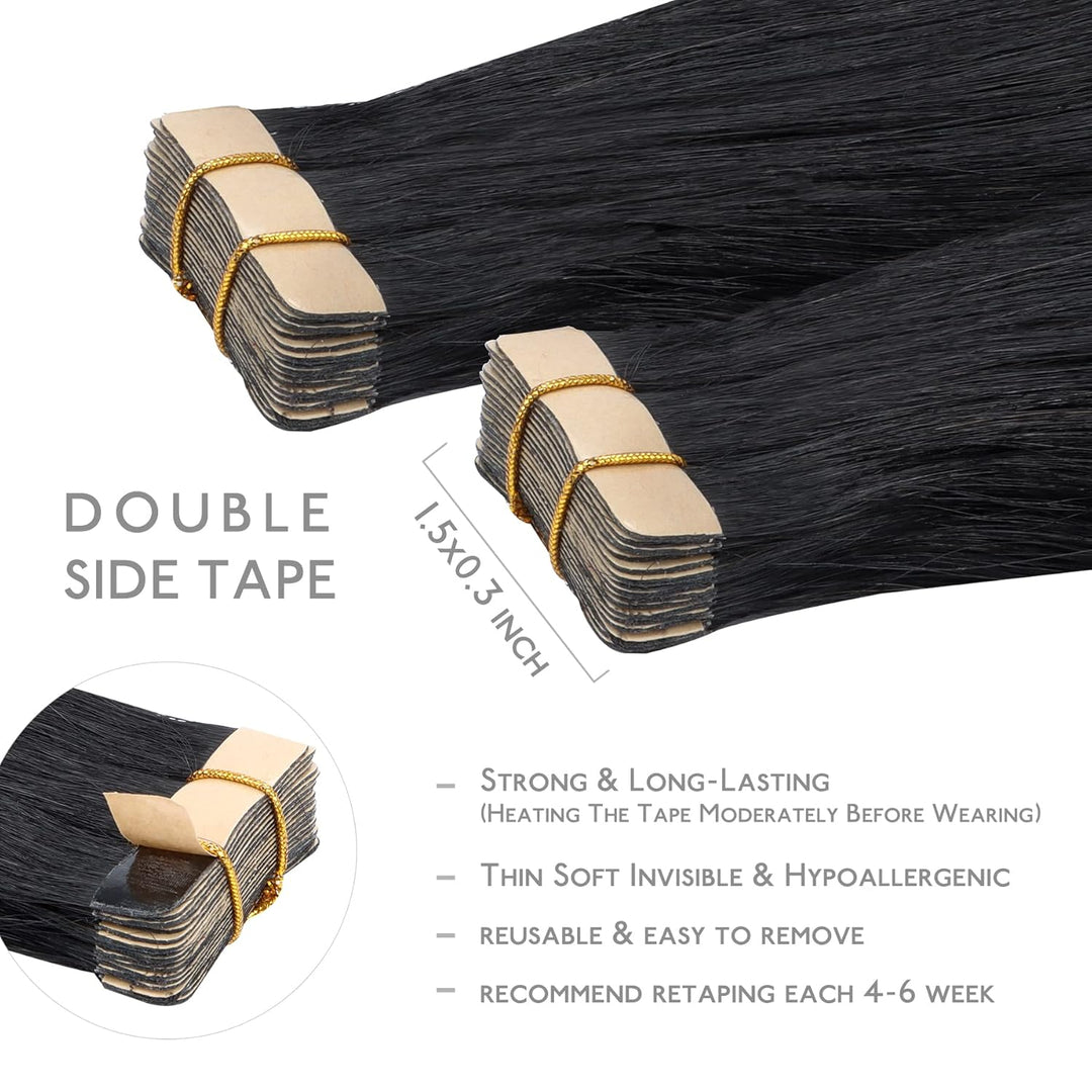 WENNALIFE Tape Extensions Echthaar, 20pcs 40g 30cm 12 Zoll Tief Schwarz Remy Invisible Tape Extensio