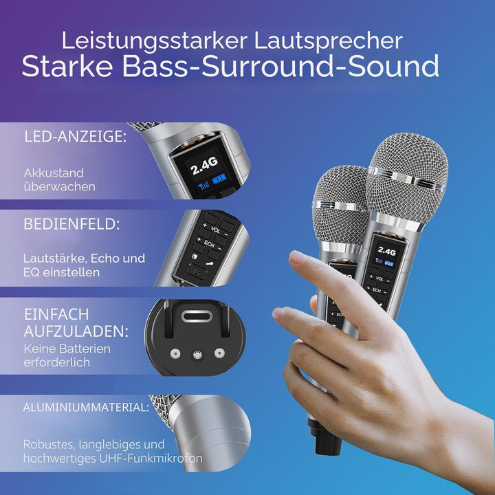 Tragbarer Karaoke Maschine,Karaoke mit 30W Bluetooth Lautsprecher,2 Kabellosen Karaoke-MikrofonWiede