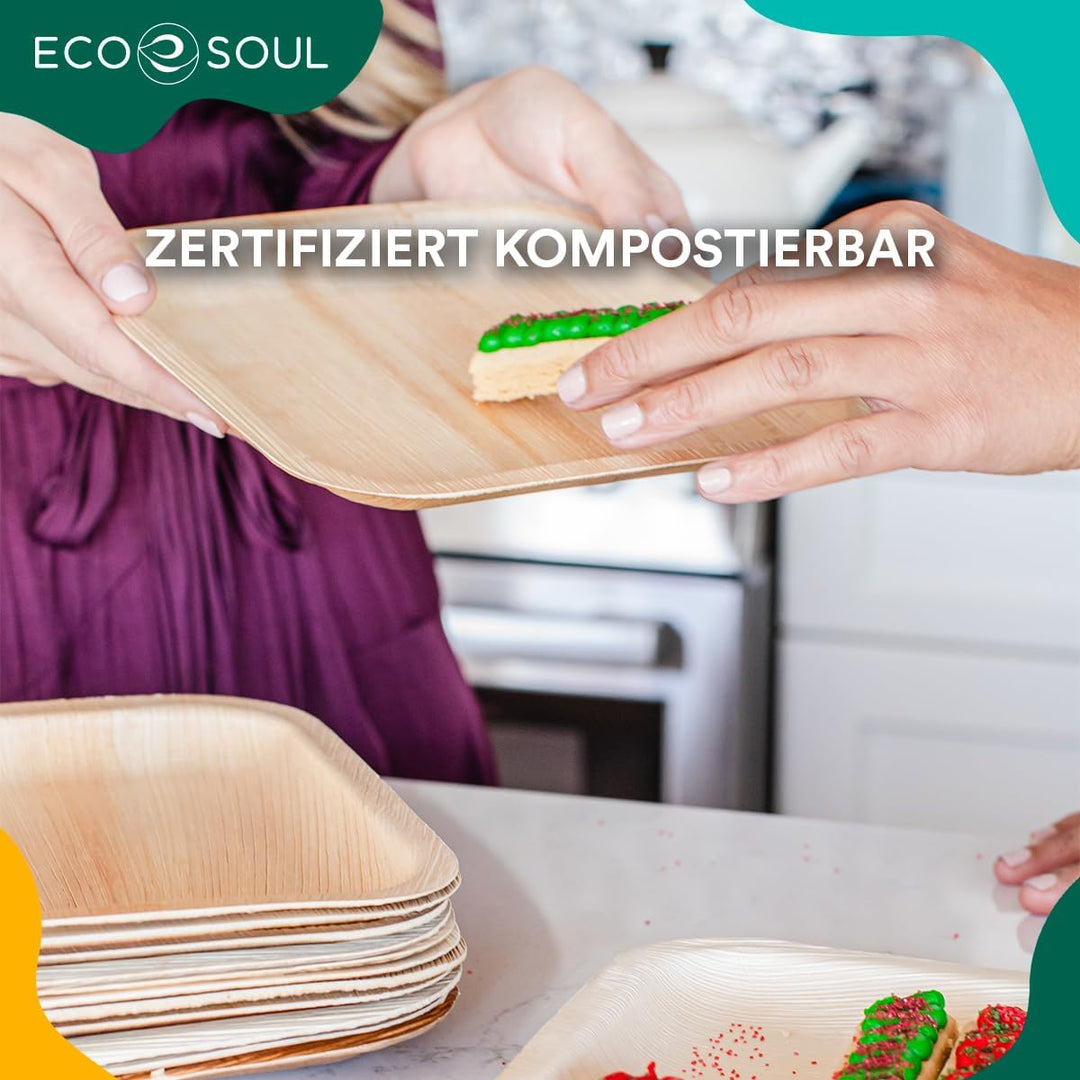 ECO SOUL 100% kompostierbare 15 cm, quadratische Palmblatt Teller [200 Stück] |Premium Palmblatt Ges