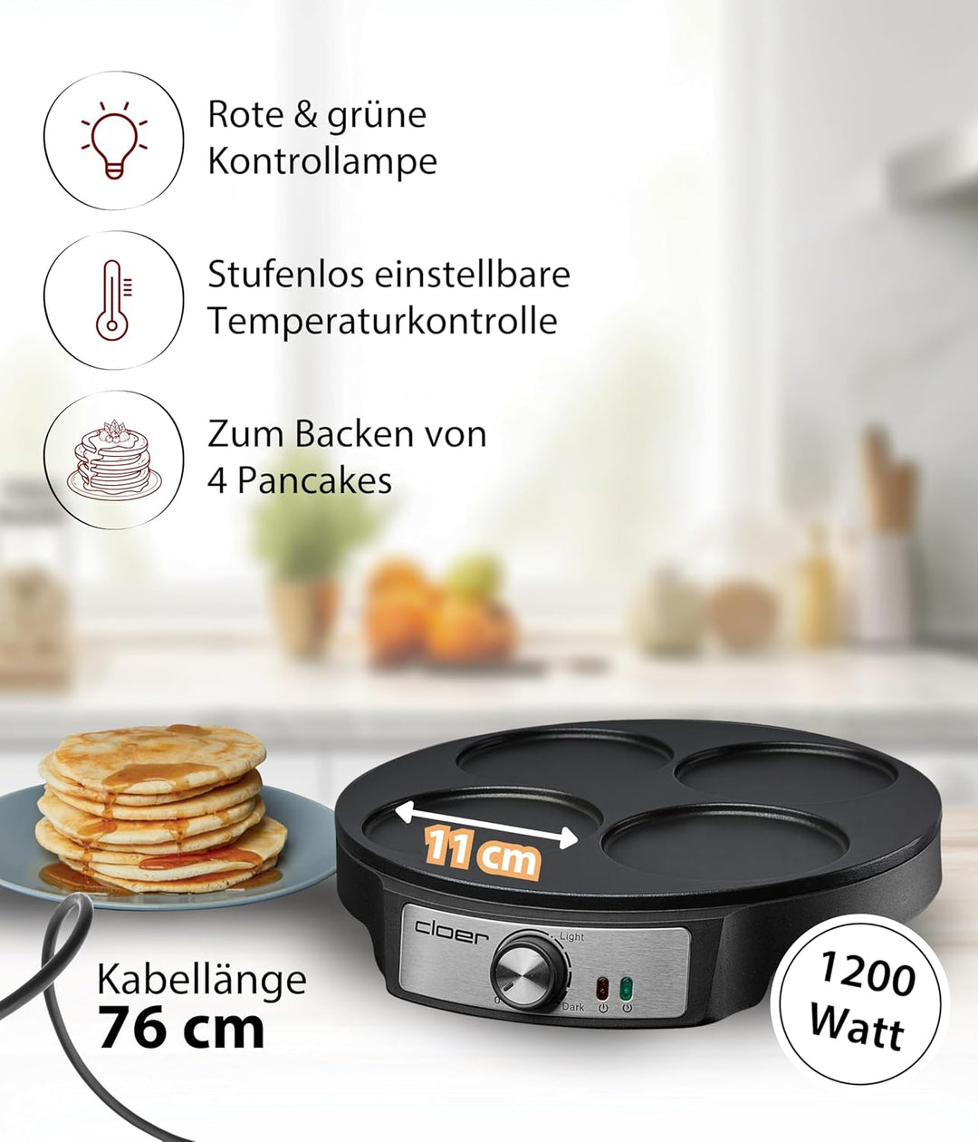 Cloer 6625 Pancake Maker, Mini Pancakes, für 4 kleine Pfannkuchen je 11 cm Ø, 1200 W, Antihaftbeschi