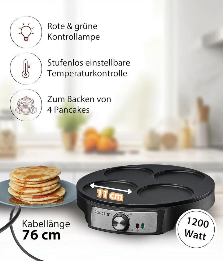 Cloer 6625 Pancake Maker, Mini Pancakes, für 4 kleine Pfannkuchen je 11 cm Ø, 1200 W, Antihaftbeschi