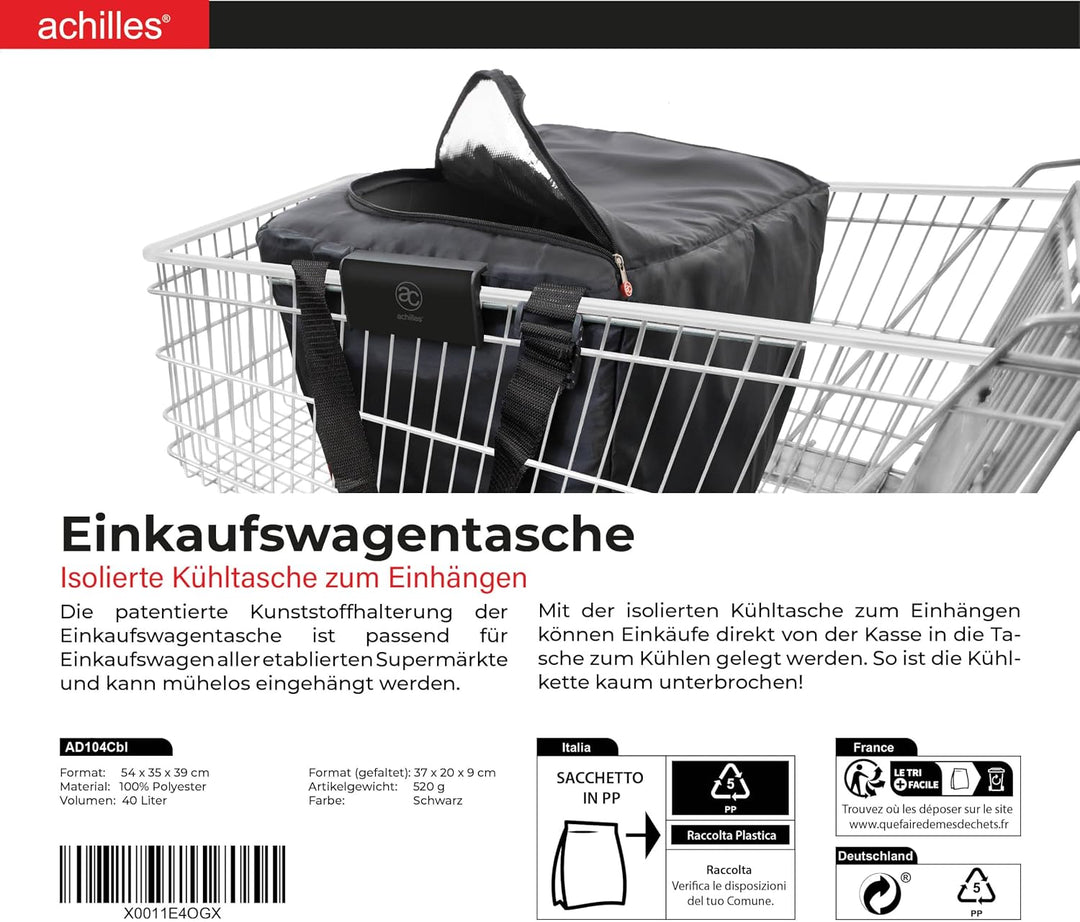 achilles, Isolierte Kühltasche zum Einhängen, Einkaufswagentasche faltbar, Thermotasche, Kühlbox, gr