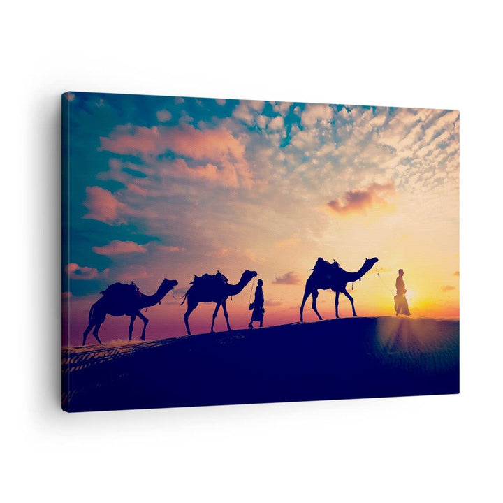 Bilder auf Leinwand Kamel Wohnwagen Leinwandbild mit Rahmen 70x50cm Wandbilder Dekoration Wohnzimmer