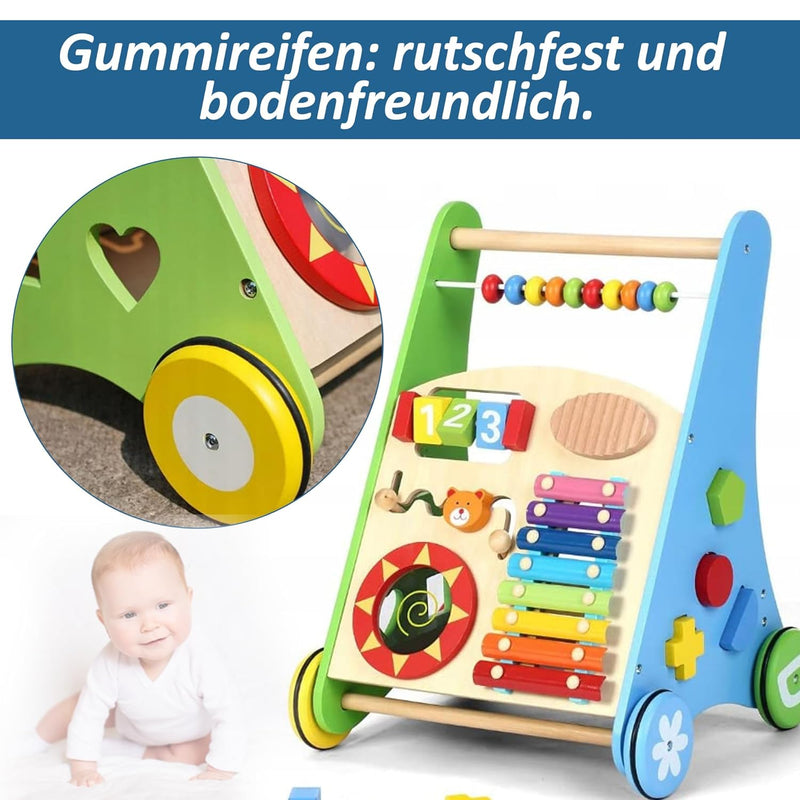 COIL 3-in-1 Holzpuppenwagen Lernspielzeug Musikwagen Laufhilfe Labyrinth Abakus Becken Trommel Forme