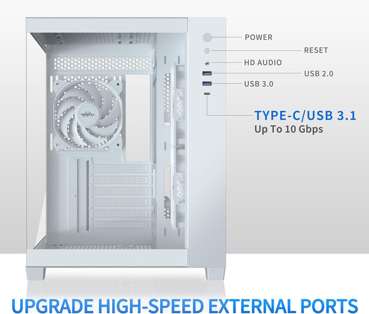MUSETEX PC Gehäuse ATX,6 PWM ARGB Lüfter vorinstalliert,360MM Rad Unterstützung,Type-C Gaming PC Geh