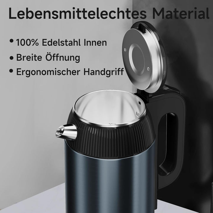 SCHEFFLER Wasserkocher Edelstahl 2.2 Liter Elektrischer Wasserkocher 1500W Teekocher mit 360°-Basis,