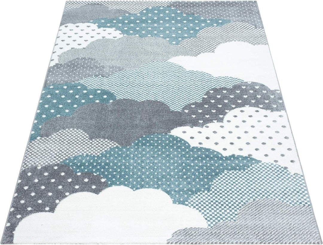 Teppium Kinderteppich für Mädchen und Jungen Wolken Design 80 x 150 cm Blau - Waschbarer Teppich Wei