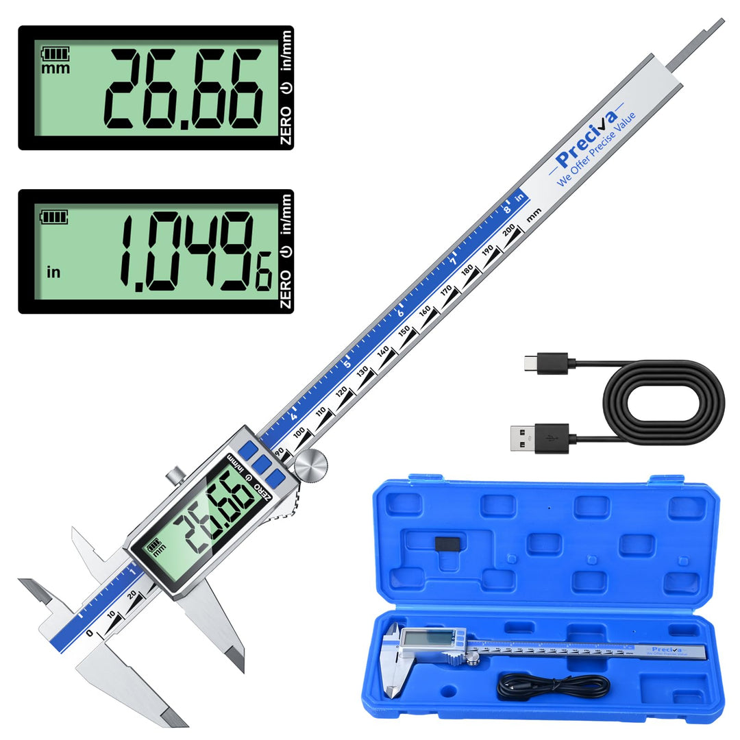 Preciva Digitaler Messschieber 200mm Wiederaufladbar, Edelstahl Schieblehre Digital mit LCD-Display,