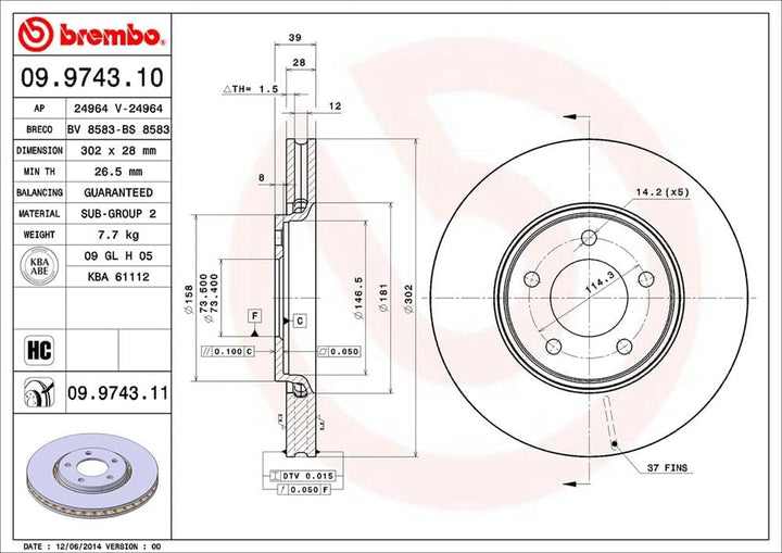 Brembo 09.9743.11 Vordere Bremsscheibe mit UV Lackierung, Anzahl 2