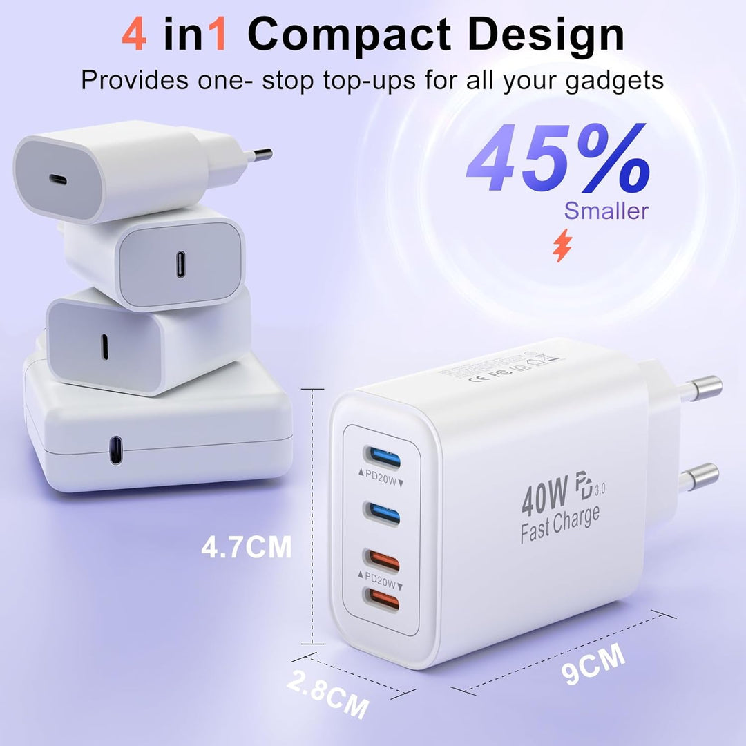 40W Ladegerät USB C Mehrfach, 2Pack 4 Port USBC Stecker Netzteil Ladeadapter Adapter Kompatibel mit