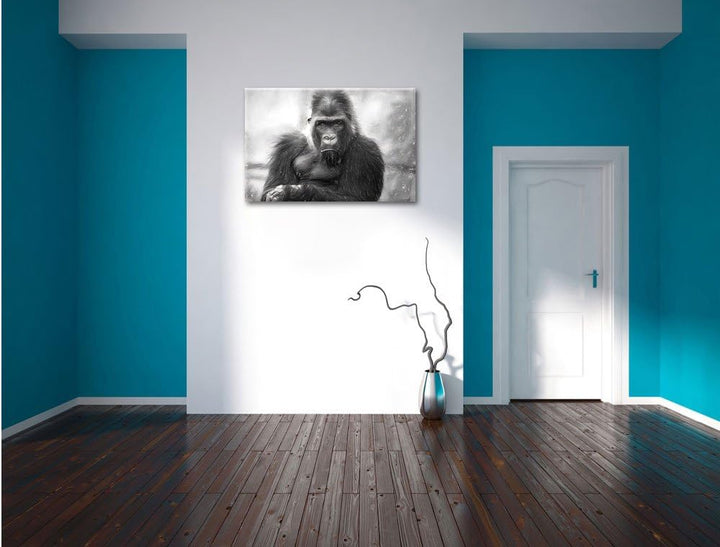 Pixxprint gelangweilter Gorilla Kunst Kohle Effekt, Format: 100x70 auf Leinwand, 100x70