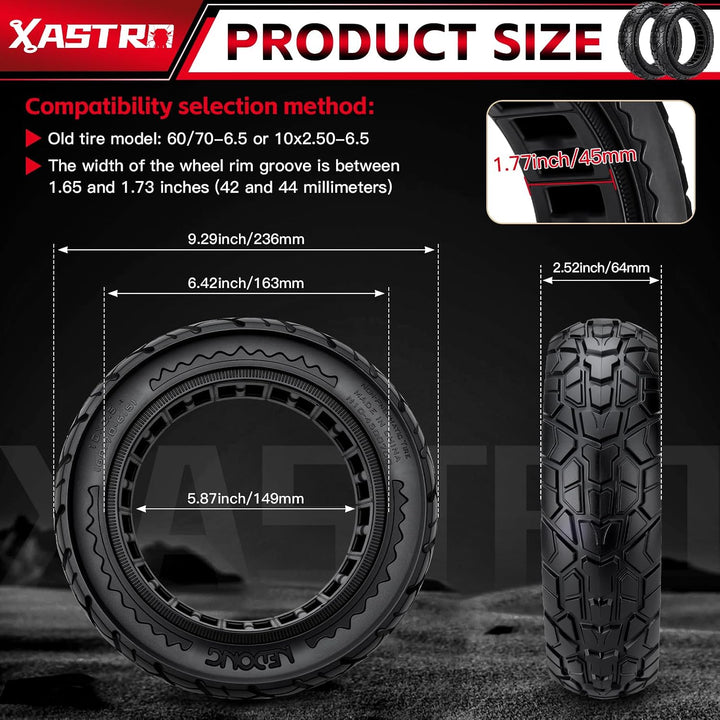 Xastro 2 PCS 10x2,50 Solid Scooter Reifen, 10 zoll E Scooter Reifen 60/70-6.5, Schlauchloser Reifen