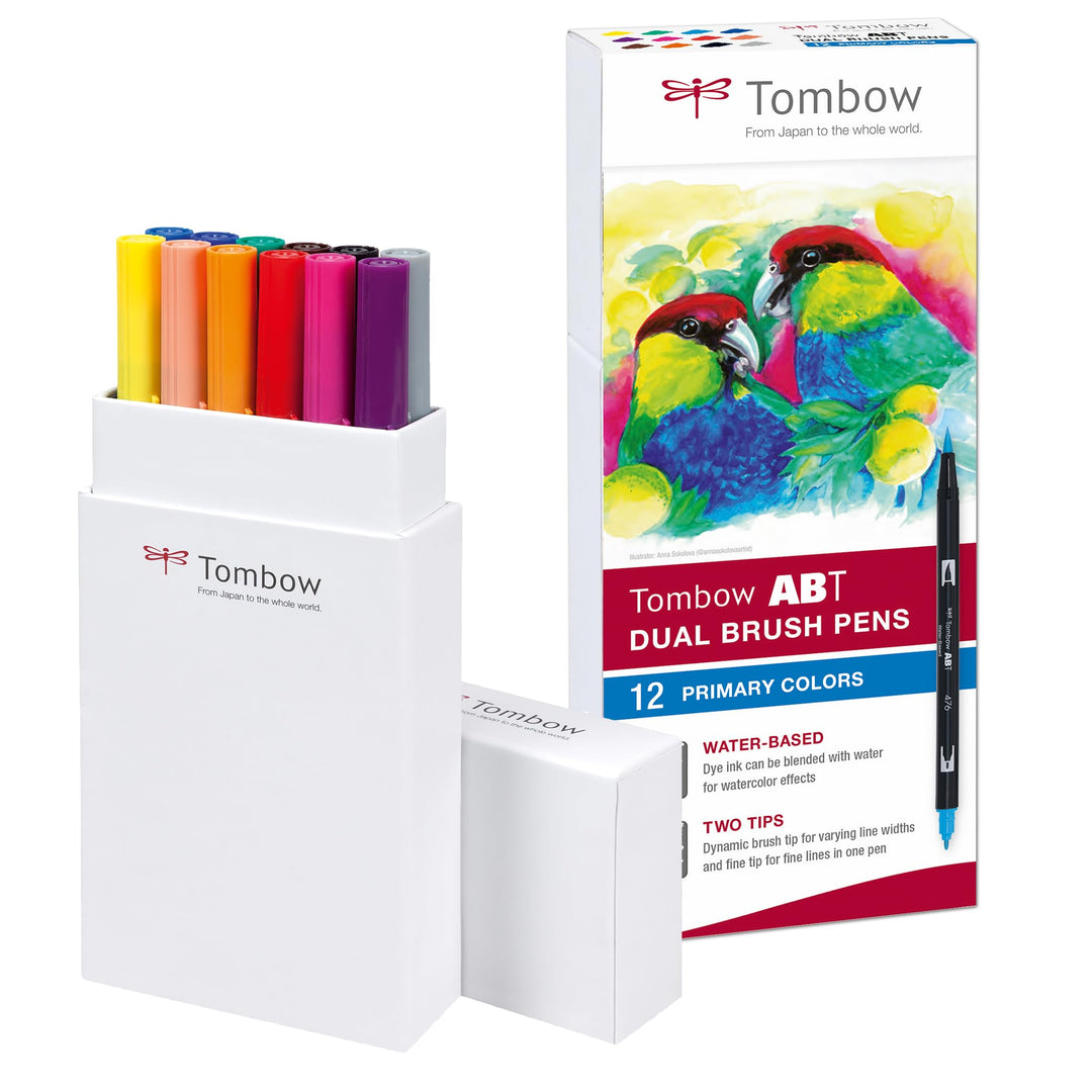 Tombow Fasermaler Dual Brush Pen mit zwei Spitzen 12er Set, primärfarben Single, Single