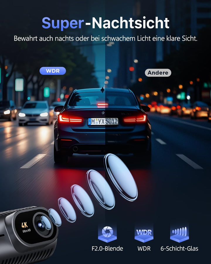 CIEVIE Dashcam Auto Vorne 4K, 1,5" IPS Display & 5G WiFi & 64GB Karte, 360° Drehbar Mini Dash Cam, A