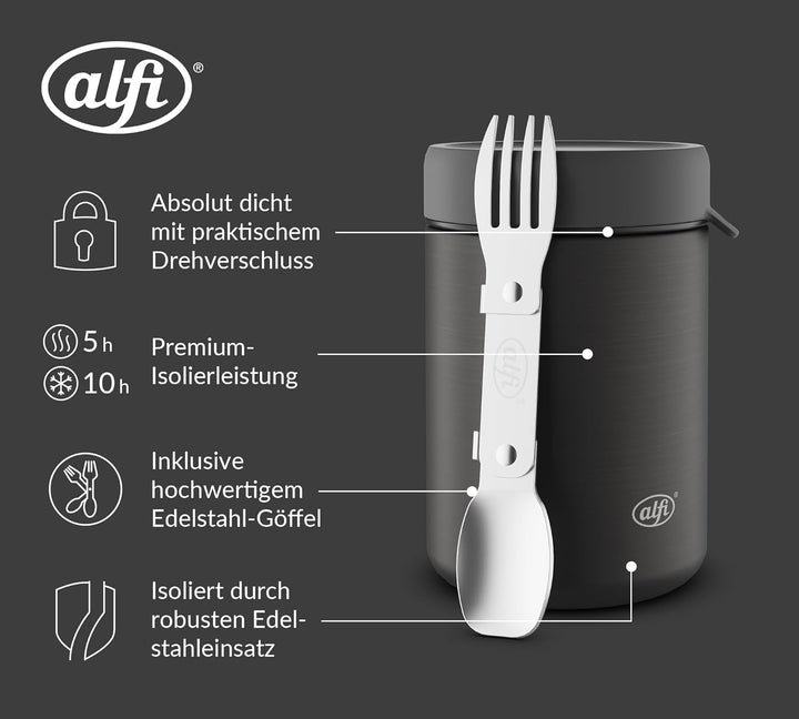 alfi ISO FOOD MUG 350ml, Schwarz, Edelstahl Thermobehälter für Essen, Isolierbehälter für Suppen, Sa