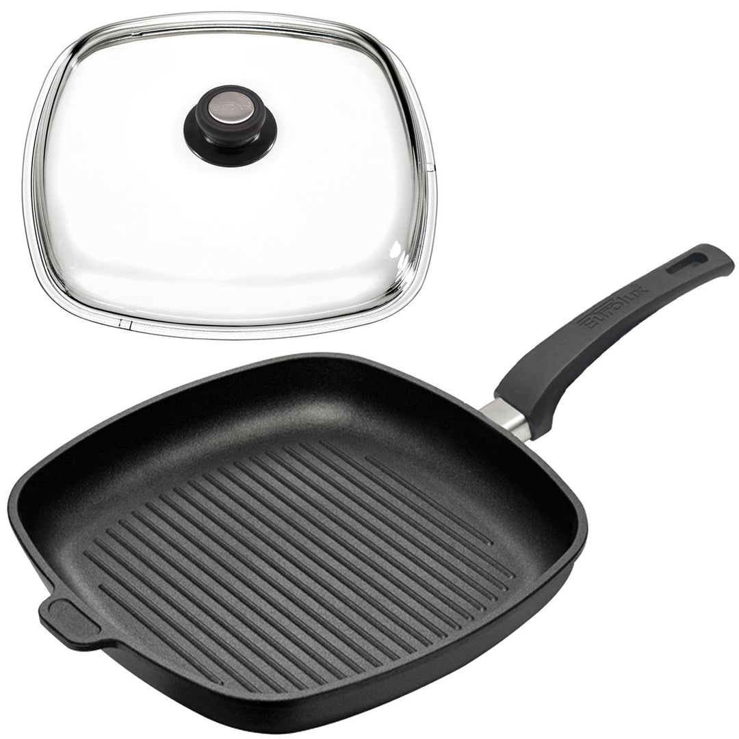 Eurolux Grillpfanne Set & Deckel 28x28 cm - grosse flache quadratische Guss-Pfanne mit Beschichtung