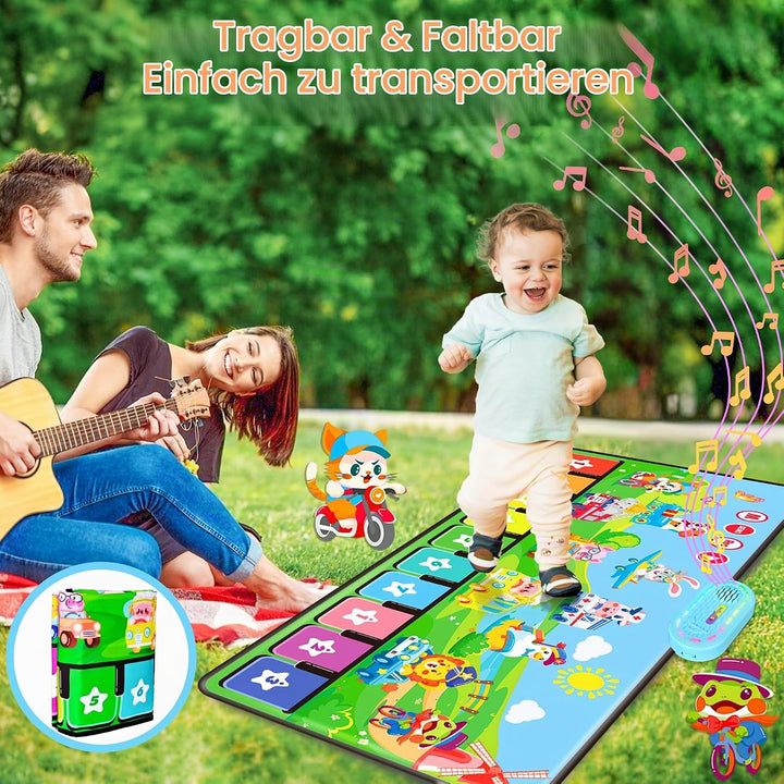 MOMUSE Baby Spielzeug ab 1 Jahr mit 80 Tönen, Grosse Musikmatte mit 10 Tiere &amp; 10Autos, Klaviermatte